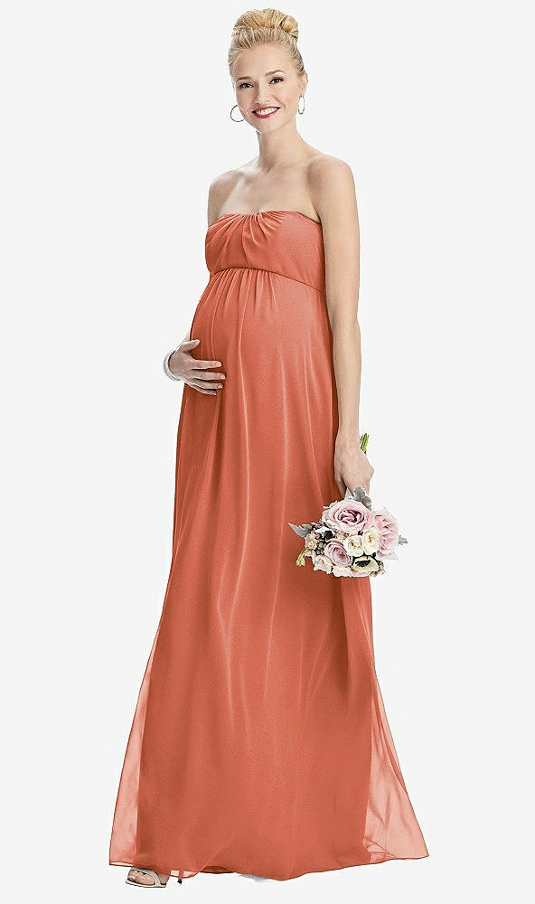 Front View - Terracotta Copper Strapless Chiffon Shirred Skirt Maternity Dress