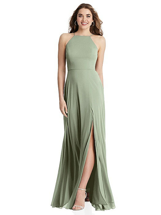 High Neck Chiffon Maxi Dress with Front Slit - Lela