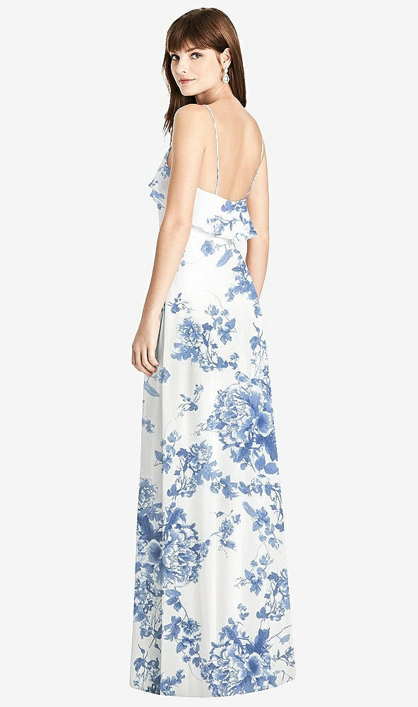 Back View - Cottage Rose Dusk Blue Ruffle-Trimmed Backless Maxi Dress