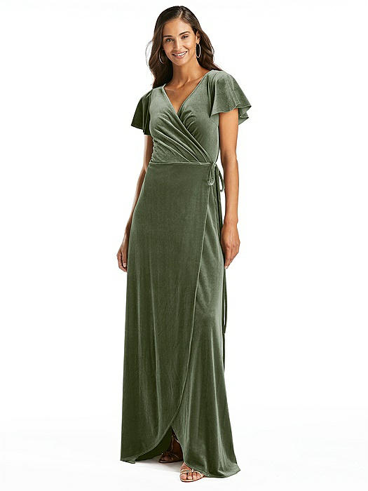 Flutter Sleeve Velvet Wrap Maxi Dress with Pockets