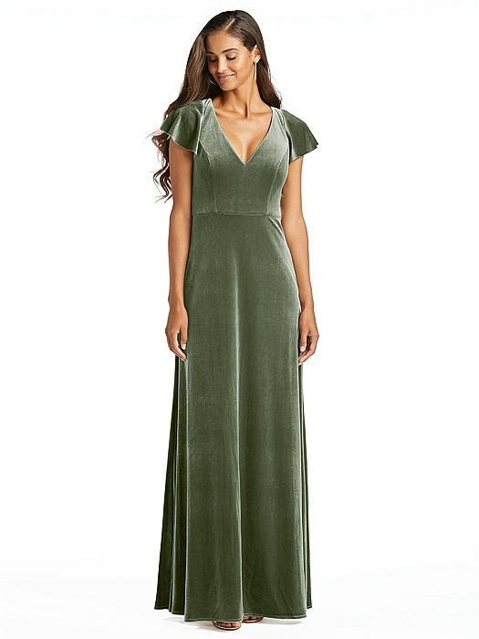 Flutter Sleeve Velvet Maxi Dress with Pockets