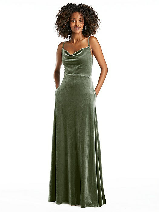 Cowl-Neck Velvet Maxi Dress with Pockets