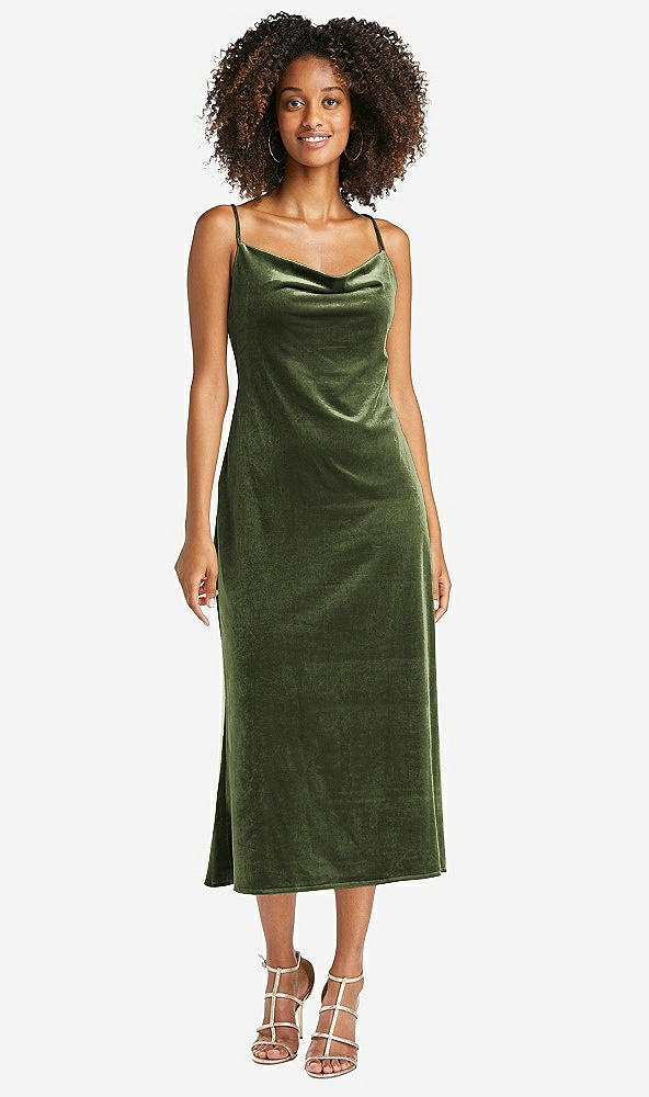 Front View - Olive Green Cowl-Neck Convertible Velvet Midi Slip Dress - Isa