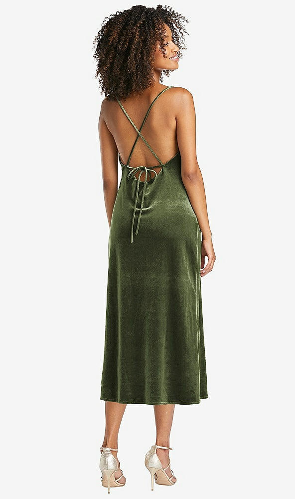 Back View - Olive Green Cowl-Neck Convertible Velvet Midi Slip Dress - Isa