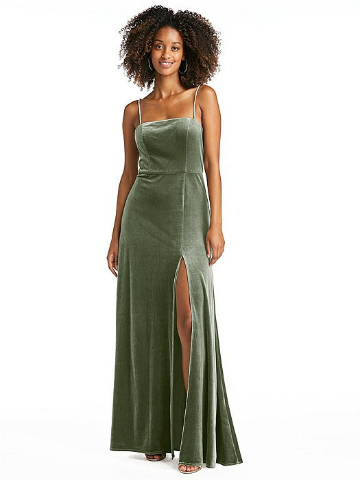 Square Neck Velvet Maxi Dress with Front Slit - Drew