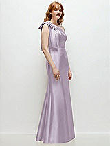 Rear View Thumbnail - Lilac Haze Bow One-Shoulder Satin Trumpet Gown