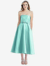 Front View Thumbnail - Coastal Strapless Bow-Waist Full Skirt Satin Midi Dress