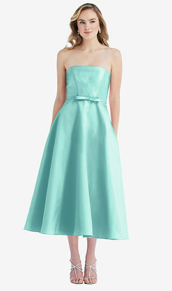 Front View - Coastal Strapless Bow-Waist Full Skirt Satin Midi Dress