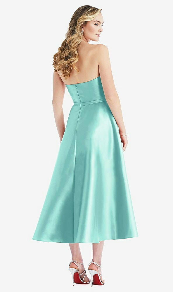 Back View - Coastal Strapless Bow-Waist Full Skirt Satin Midi Dress