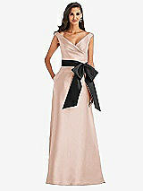 Front View Thumbnail - Cameo & Black Off-the-Shoulder Bow-Waist Maxi Dress with Pockets