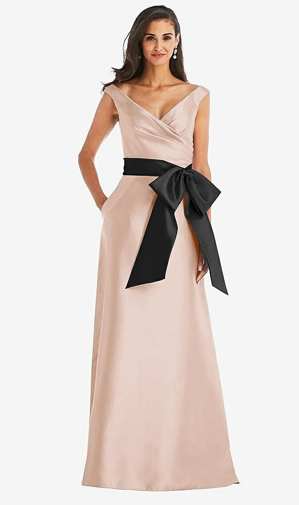 Front View - Cameo & Black Off-the-Shoulder Bow-Waist Maxi Dress with Pockets