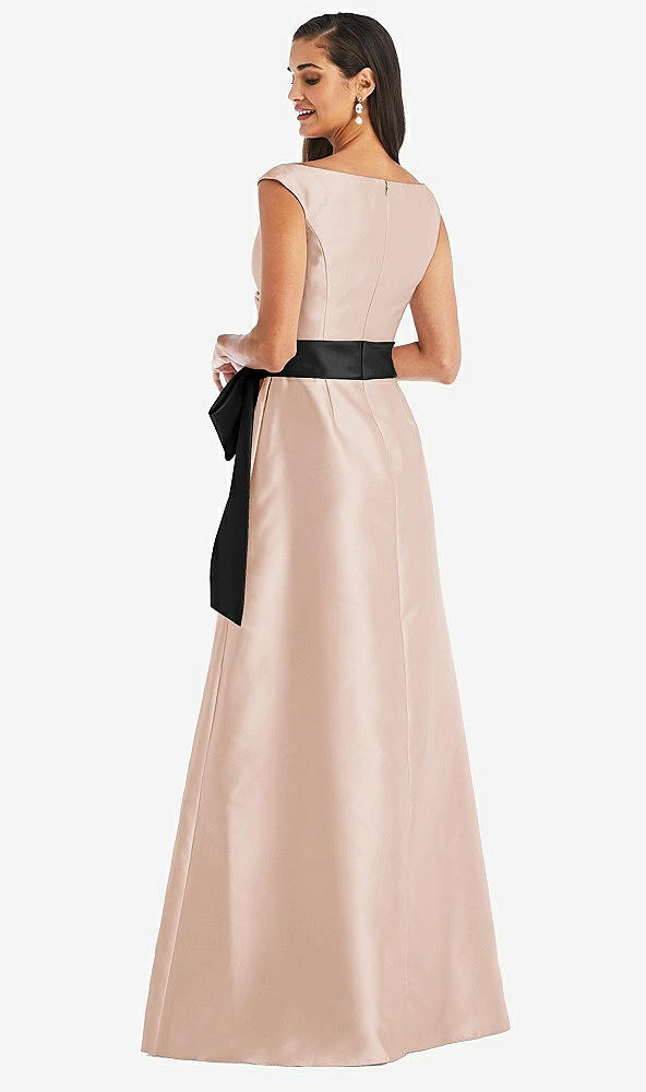 Back View - Cameo & Black Off-the-Shoulder Bow-Waist Maxi Dress with Pockets