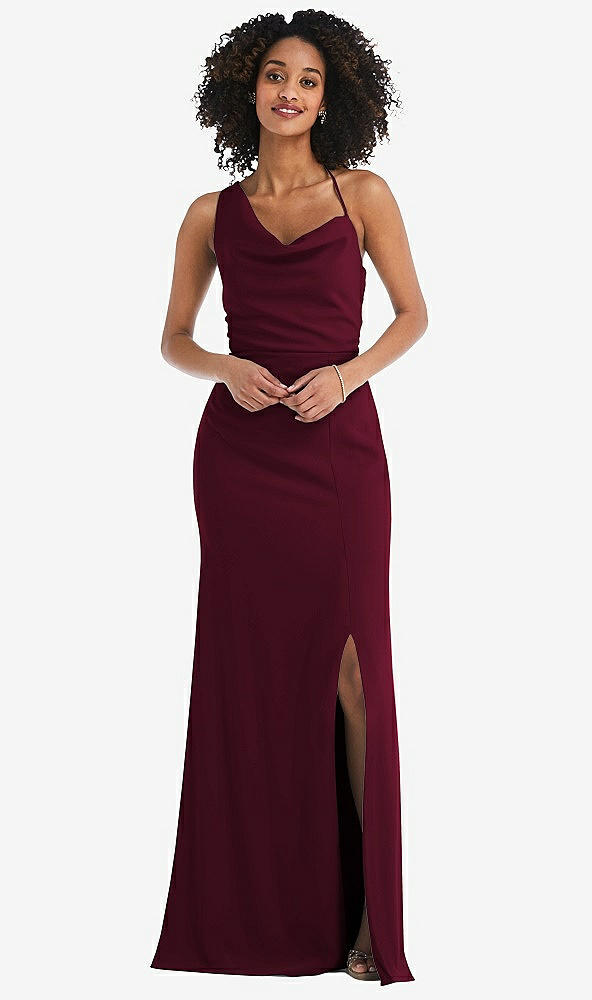 Front View - Cabernet One-Shoulder Draped Cowl-Neck Maxi Dress