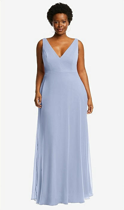 Deep V-neck Chiffon Maxi Bridesmaid Dress In Sky Blue | The Dessy Group