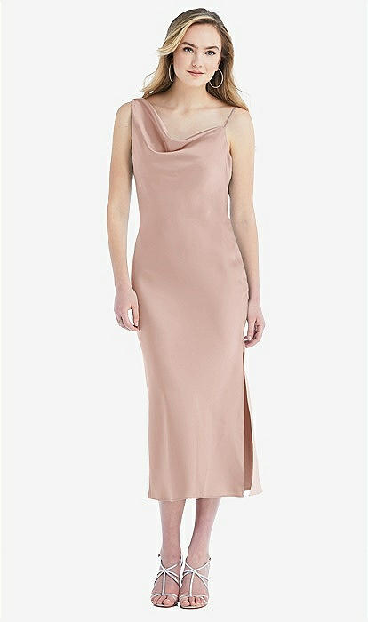 Asymmetrical One-shoulder Cowl Midi Slip Bridesmaid Dress In Toasted Sugar  | The Dessy Group