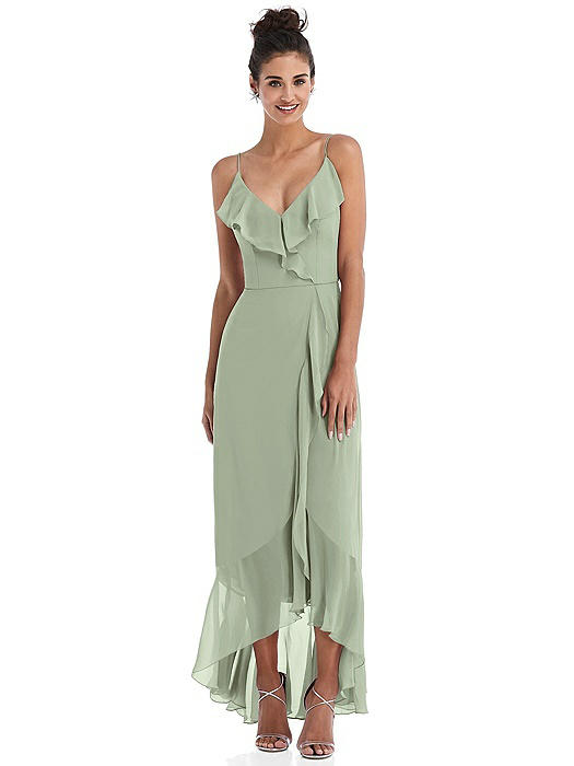 Ruffle-Trimmed V-Neck High Low Wrap Dress