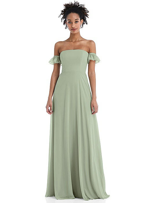 Off-the-Shoulder Ruffle Cuff Sleeve Chiffon Maxi Dress