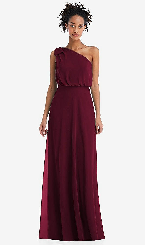 Front View - Cabernet One-Shoulder Bow Blouson Bodice Maxi Dress