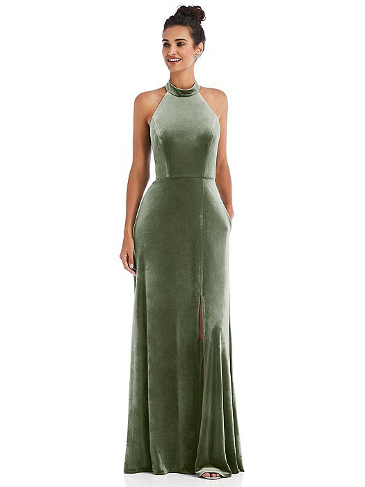 High-Neck Halter Velvet Maxi Dress with Front Slit