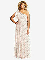 Front View Thumbnail - Coquette Floral Print Draped One-Shoulder Maxi Dress with Scarf Bow