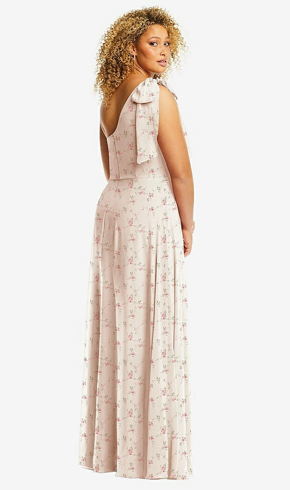 Back View - Coquette Floral Print Draped One-Shoulder Maxi Dress with Scarf Bow