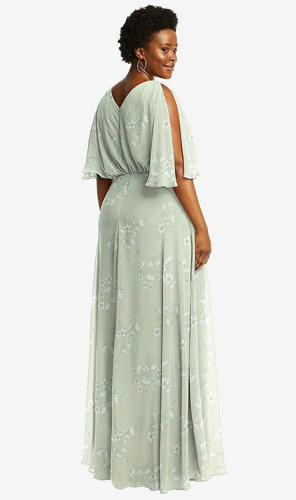 Back View - Vintage Primrose Sage V-Neck Split Sleeve Blouson Bodice Maxi Dress