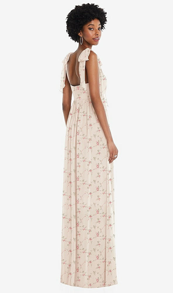 Back View - Coquette Floral Print Convertible Tie-Shoulder Empire Waist Maxi Dress