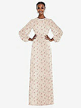 Alt View 1 Thumbnail - Coquette Floral Print Strapless Chiffon Maxi Dress with Puff Sleeve Blouson Overlay 