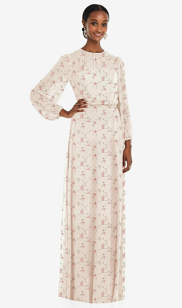 Front View - Coquette Floral Print Strapless Chiffon Maxi Dress with Puff Sleeve Blouson Overlay 