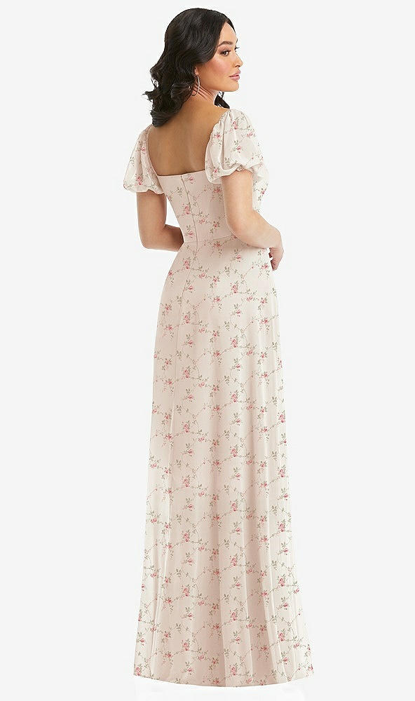 Back View - Coquette Floral Print Puff Sleeve Chiffon Maxi Dress with Front Slit