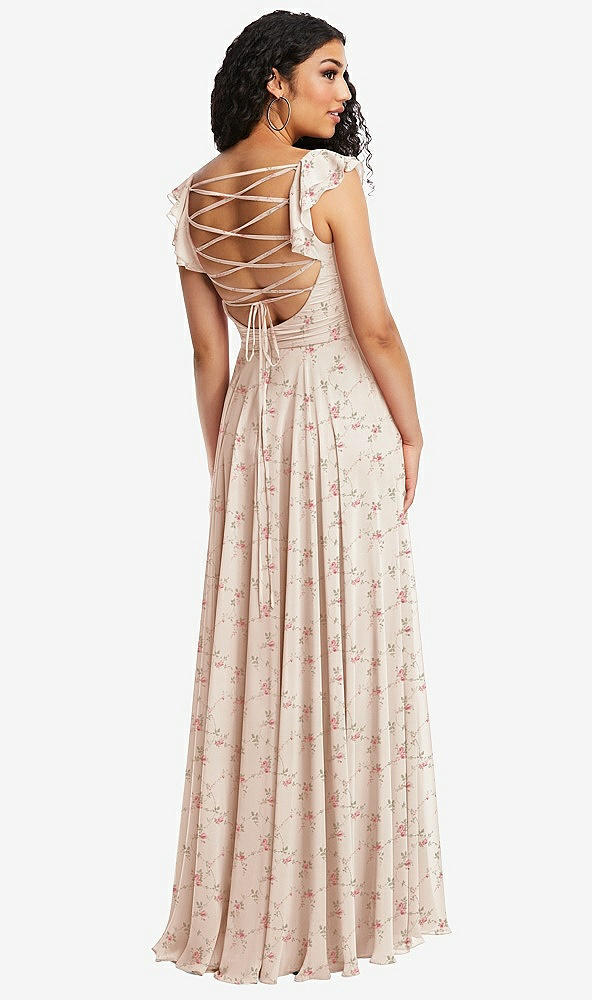 Front View - Coquette Floral Print Shirred Cross Bodice Lace Up Open-Back Maxi Dress with Flutter Sleeves