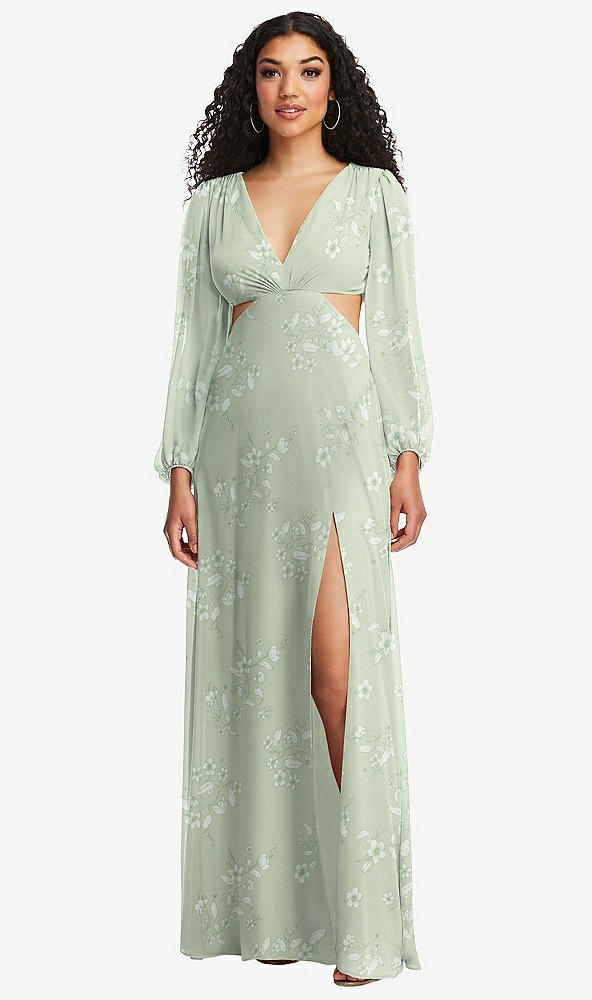 Front View - Vintage Primrose Sage Long Puff Sleeve Cutout Waist Chiffon Maxi Dress 