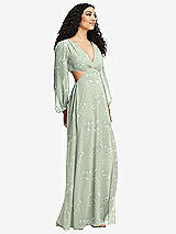 Side View Thumbnail - Vintage Primrose Sage Long Puff Sleeve Cutout Waist Chiffon Maxi Dress 