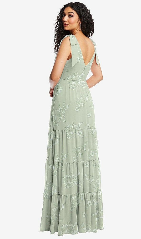 Back View - Vintage Primrose Sage Bow-Shoulder Faux Wrap Maxi Dress with Tiered Skirt