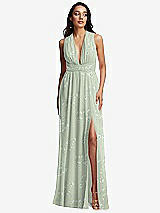 Front View Thumbnail - Vintage Primrose Sage Shirred Deep Plunge Neck Closed Back Chiffon Maxi Dress 