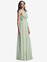 Side View Thumbnail - Vintage Primrose Sage Shirred Deep Plunge Neck Closed Back Chiffon Maxi Dress 