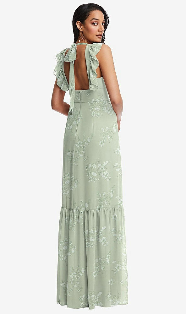 Back View - Vintage Primrose Sage Tiered Ruffle Plunge Neck Open-Back Maxi Dress with Deep Ruffle Skirt