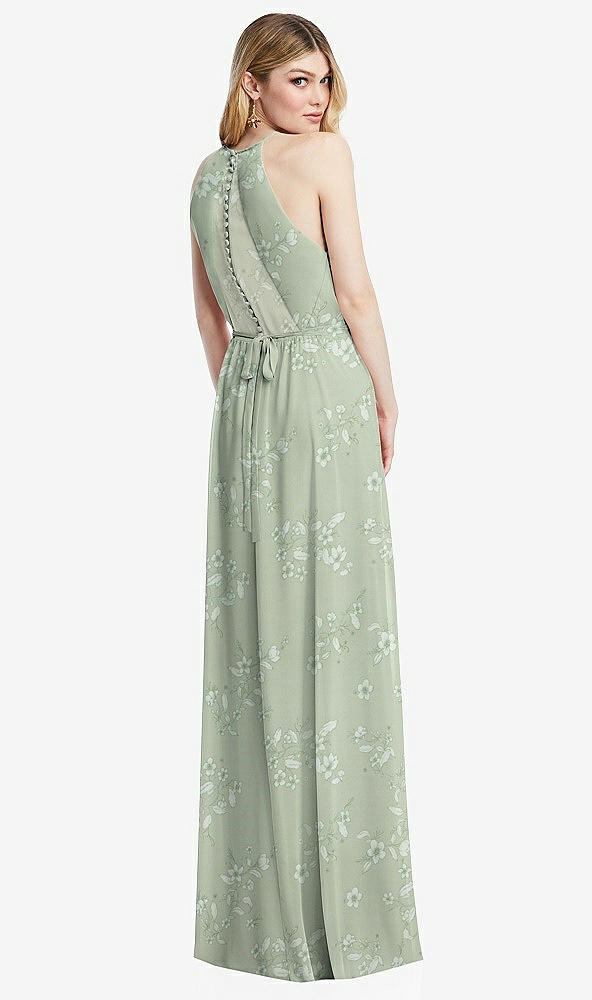 Back View - Vintage Primrose Sage Illusion Back Halter Maxi Dress with Covered Button Detail