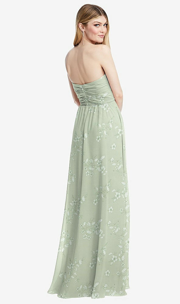 Back View - Vintage Primrose Sage Shirred Bodice Strapless Chiffon Maxi Dress with Optional Straps