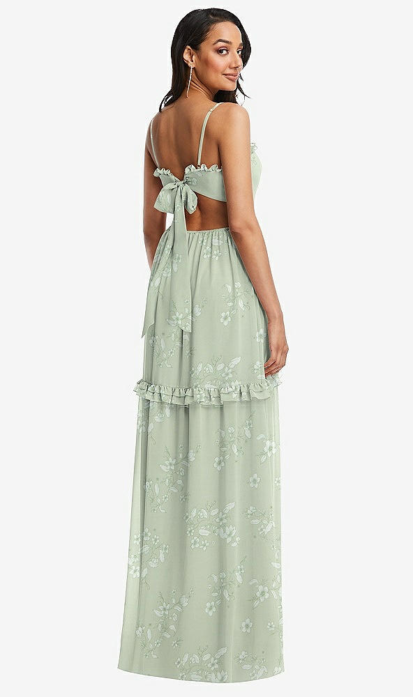 Back View - Vintage Primrose Sage Ruffle-Trimmed Cutout Tie-Back Maxi Dress with Tiered Skirt