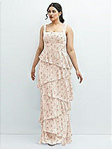 Front View Thumbnail - Coquette Floral Print Asymmetrical Tiered Ruffle Chiffon Maxi Dress with Square Neckline