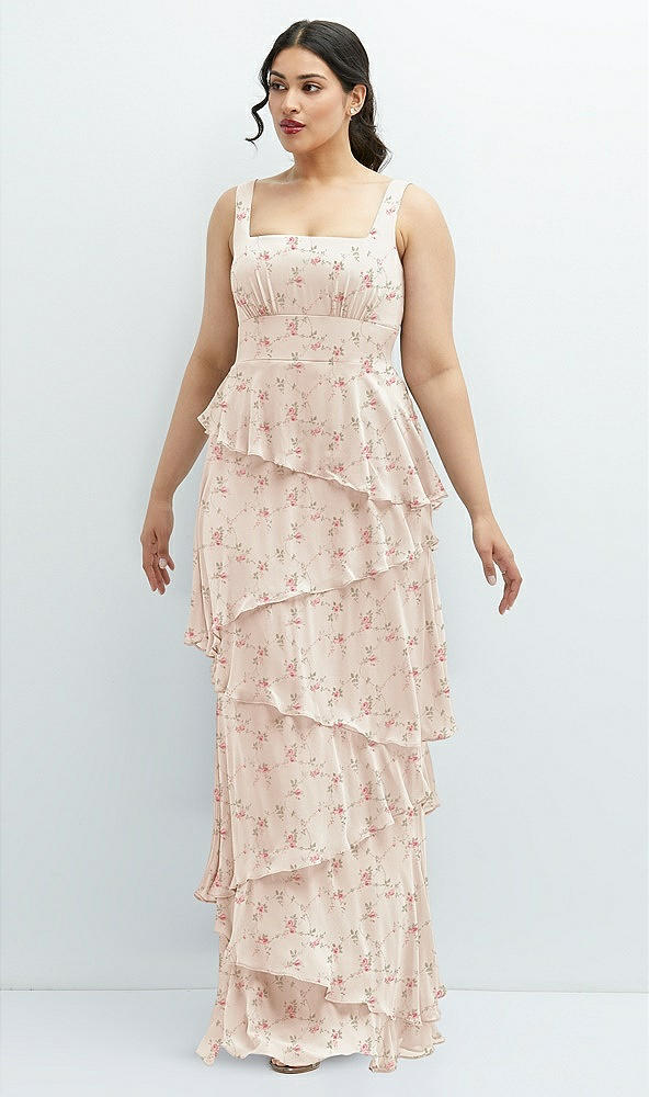 Front View - Coquette Floral Print Asymmetrical Tiered Ruffle Chiffon Maxi Dress with Square Neckline