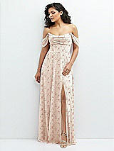 Front View Thumbnail - Coquette Floral Print Chiffon Corset Maxi Dress with Removable Off-the-Shoulder Swags