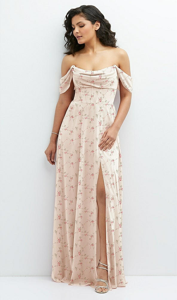 Front View - Coquette Floral Print Chiffon Corset Maxi Dress with Removable Off-the-Shoulder Swags