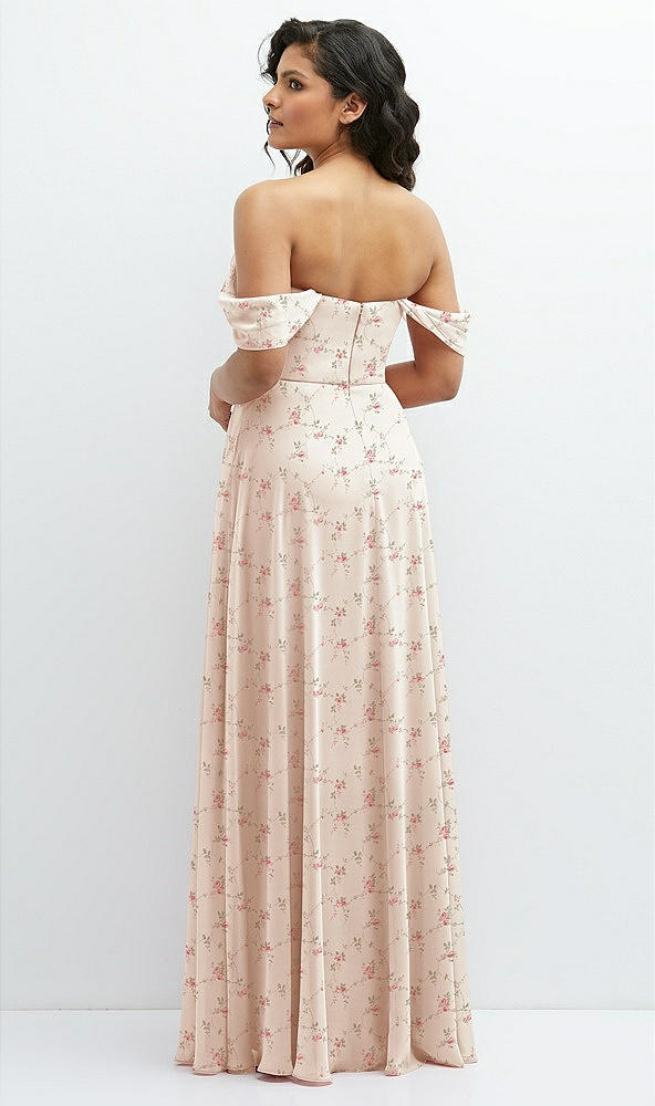 Back View - Coquette Floral Print Chiffon Corset Maxi Dress with Removable Off-the-Shoulder Swags