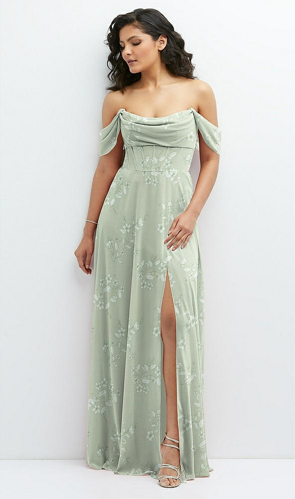 Front View - Vintage Primrose Sage Chiffon Corset Maxi Dress with Removable Off-the-Shoulder Swags