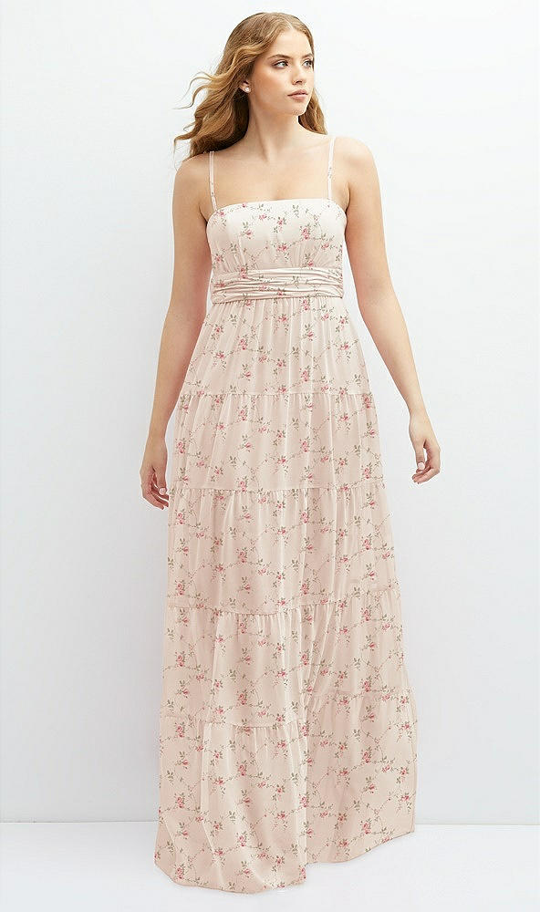 Front View - Coquette Floral Print Modern Regency Chiffon Tiered Maxi Dress with Tie-Back