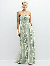 Front View Thumbnail - Vintage Primrose Sage Strapless Vertical Ruffle Chiffon Maxi Dress with Flower Detail