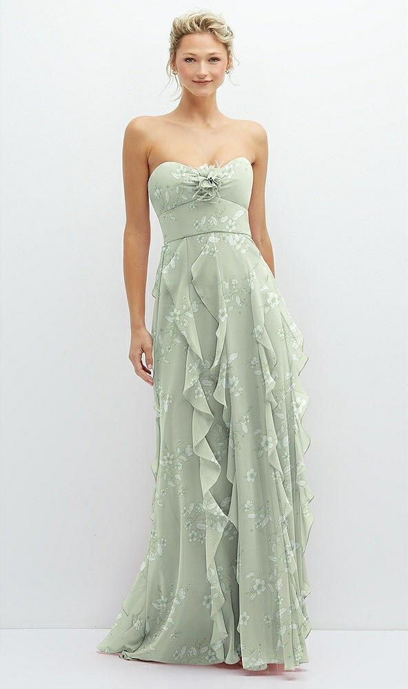 Front View - Vintage Primrose Sage Strapless Vertical Ruffle Chiffon Maxi Dress with Flower Detail