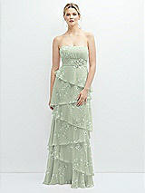 Front View Thumbnail - Vintage Primrose Sage Strapless Asymmetrical Tiered Ruffle Chiffon Maxi Dress with Handworked Flower Detail